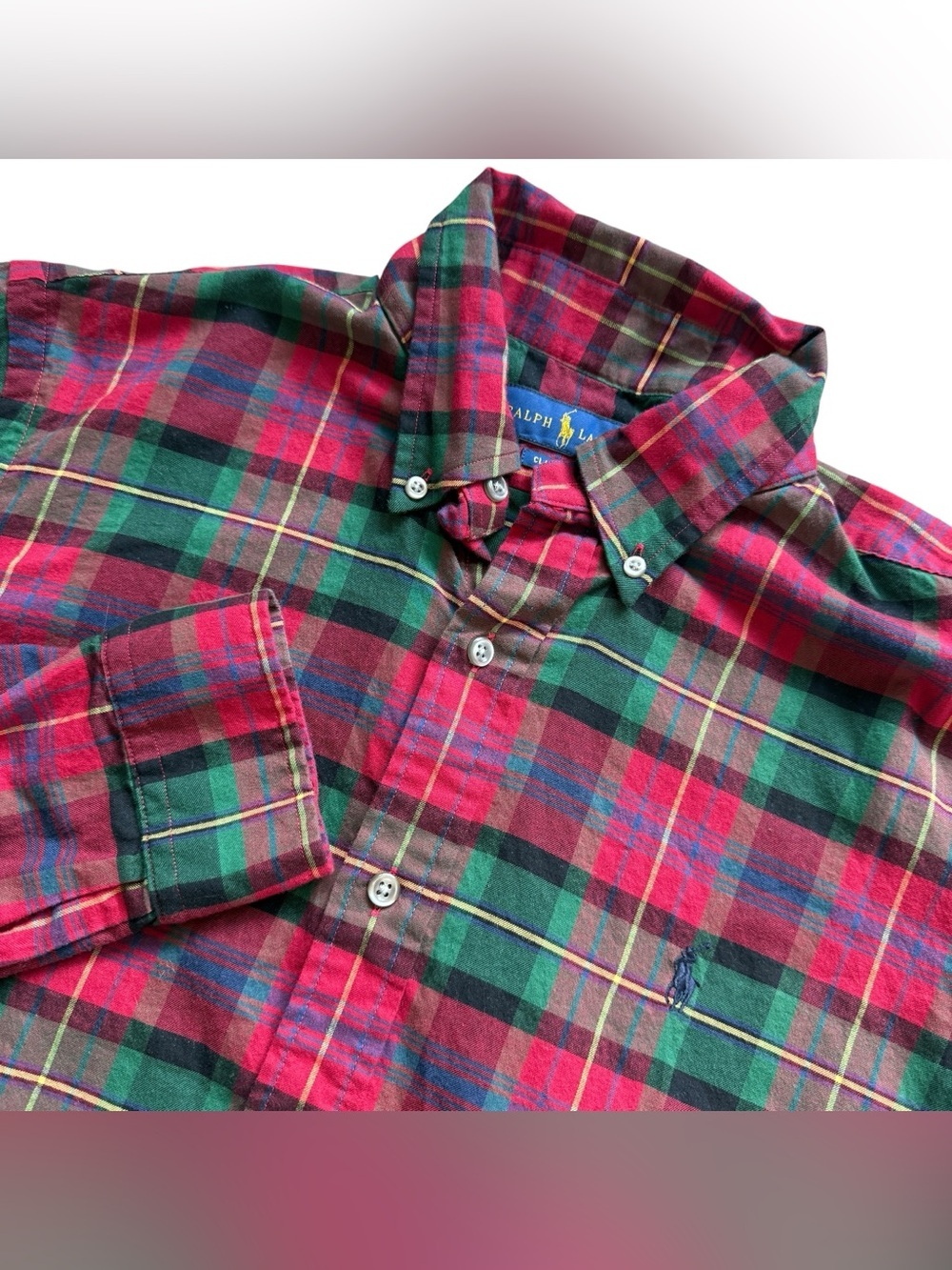 Polo Ralph Lauren Plaid Button Down Shirt Red Green Tartan Cotton Mens M Holiday